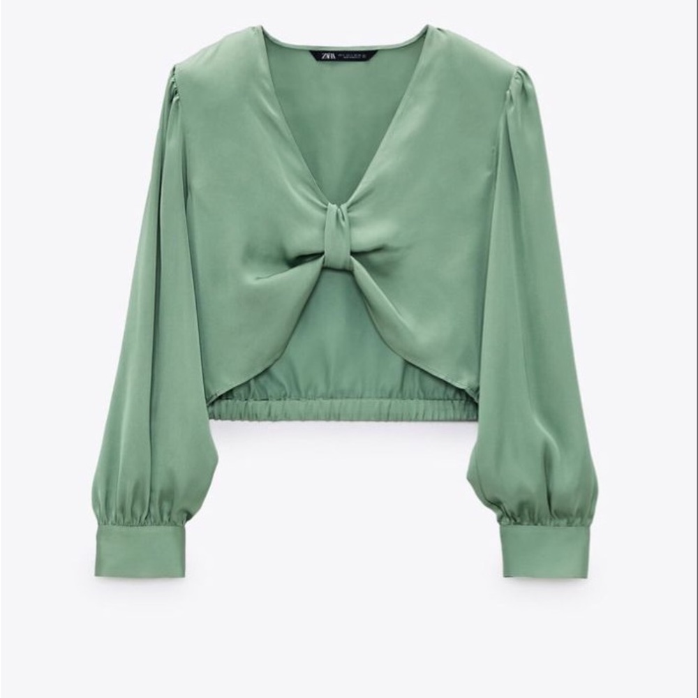 NWT Zara Green Long Sleeve Cropped Blouse Size Medium